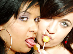 Lesbian BBW hotties sucking lollipops anf pussies